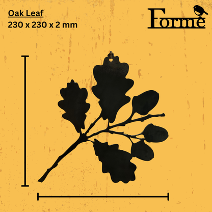 Black oak leaf design and dimensions on a yellow background with 'Forme' branding.