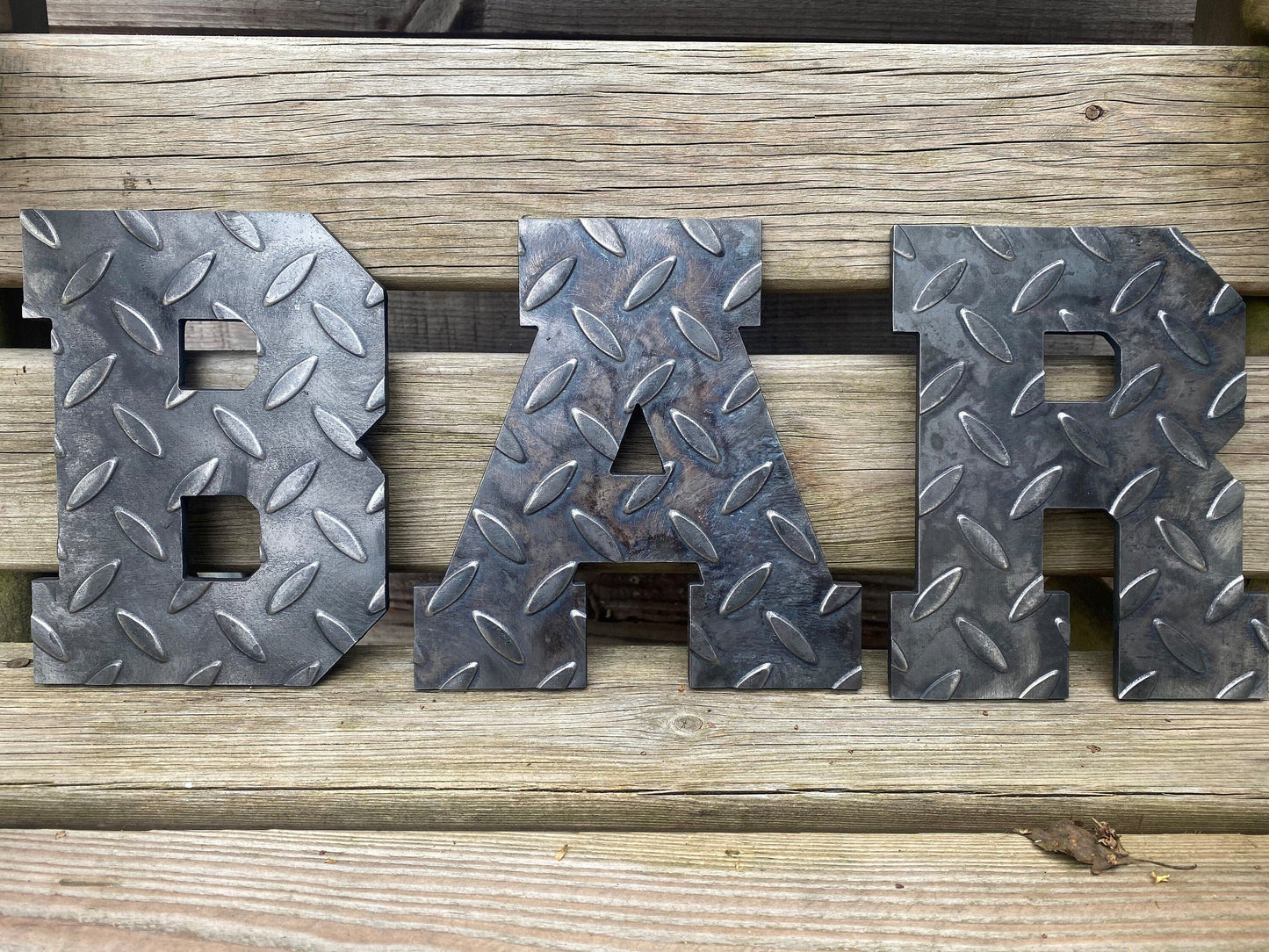 BAR Sign . Chequer Plate Metal Letters .