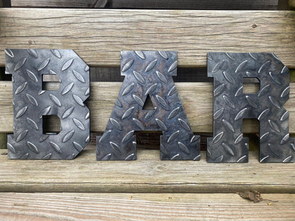 BAR Sign . Chequer Plate Metal Letters .