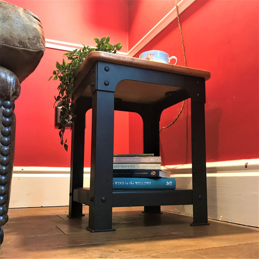 Small Industrial Style Side Table/ made in Yorkshire/ living room/ coffee table/ end table/ books/ wood/ Steel/ design/ unusual/ rivets