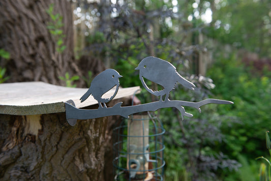 Two Robins on branch - Garden Ornament  Rusty Art  Metal Birds.