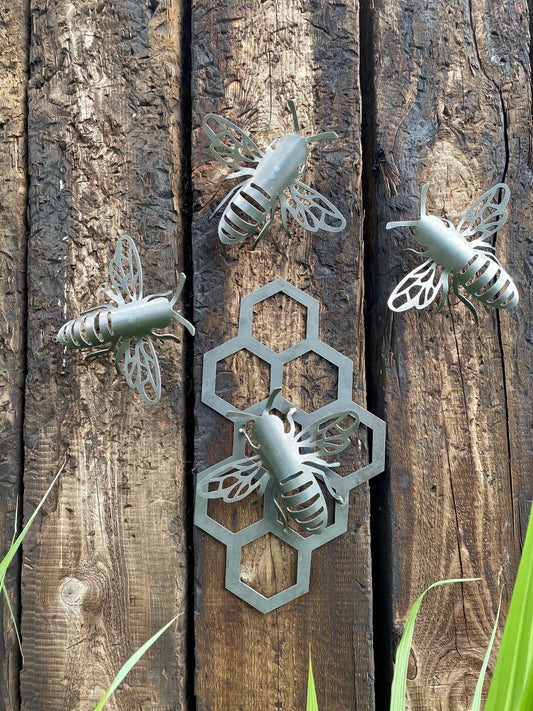Large Bee and Honeycomb Set  Save The Bees  Rusty Wall Art  Rusty Garden Ornament  Entomology  Rusty Bee  Mothers Day