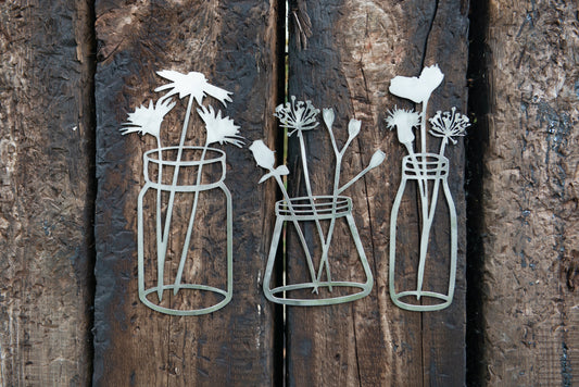 Steel Flower Jars . Three designs . Valentines Day . 11th anniversary . Gift Set. Floral . Birthday Present . Mothers Day
