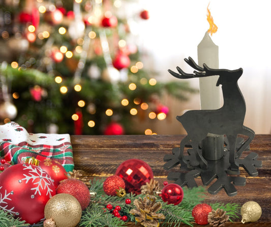 Decorative reindeer candle holder with Christmas ornaments and tree in the background
