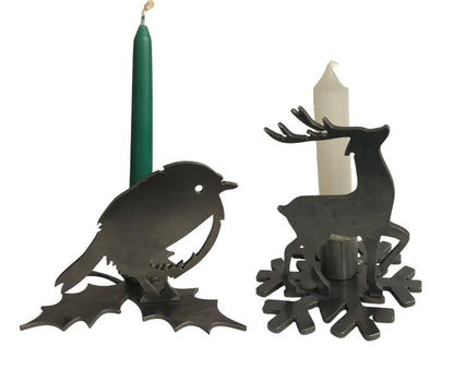 Decorative candle holders shaped like a Rpbin and a reindeer 