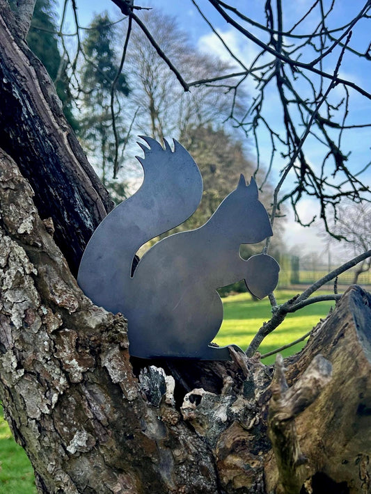 Gus The Squirrel - Fence Topper - Steel Garden Ornament  Rusty Art  Metal Wildlife