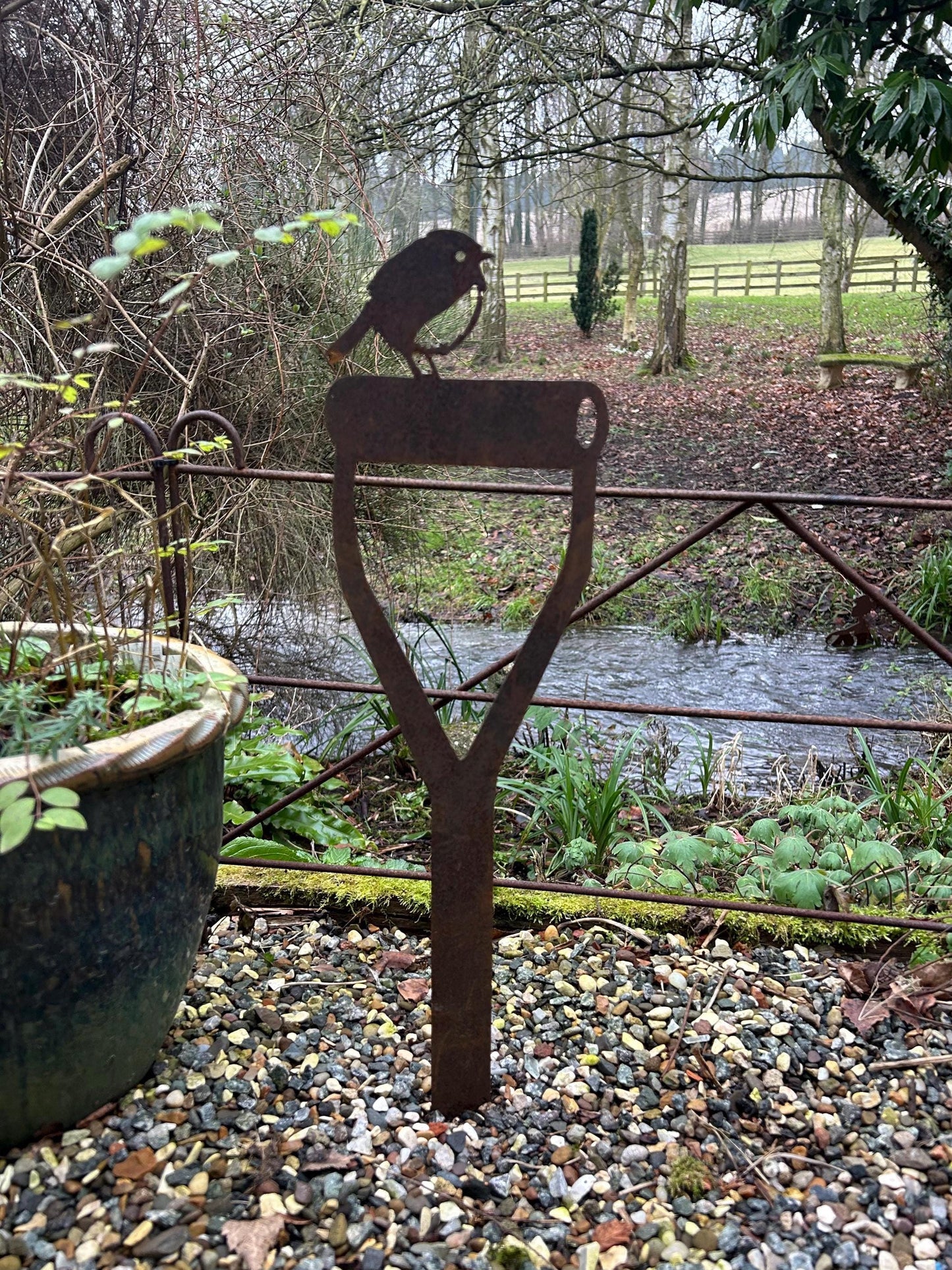 Robin On A Spade. Metal Pot Spike. Rusty Garden Art. Flower Bed Decoration