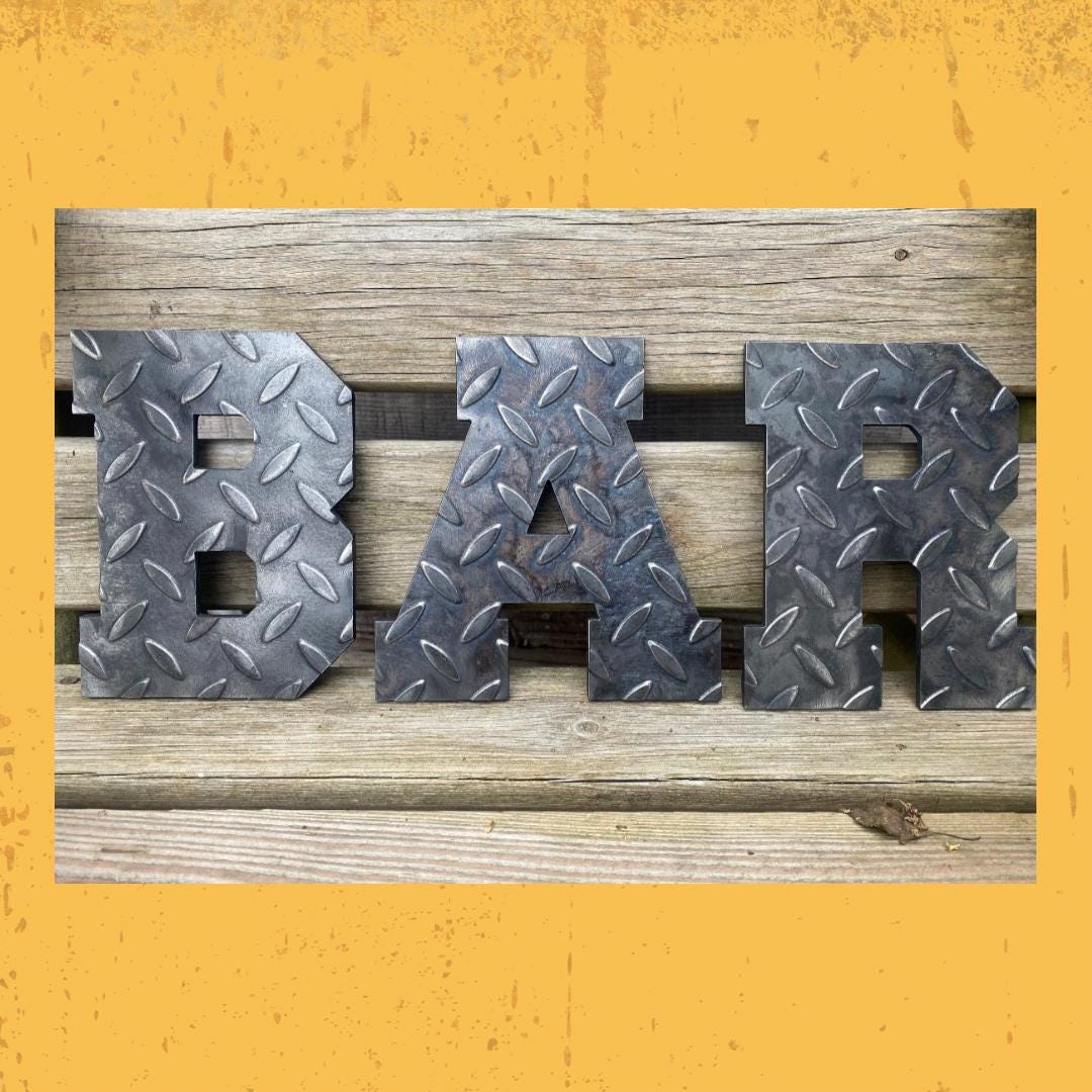 BAR Sign . Chequer Plate Metal Letters .