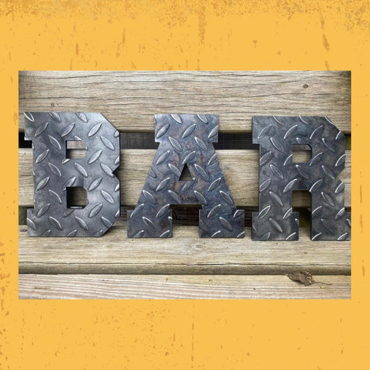 BAR Sign . Chequer Plate Metal Letters .