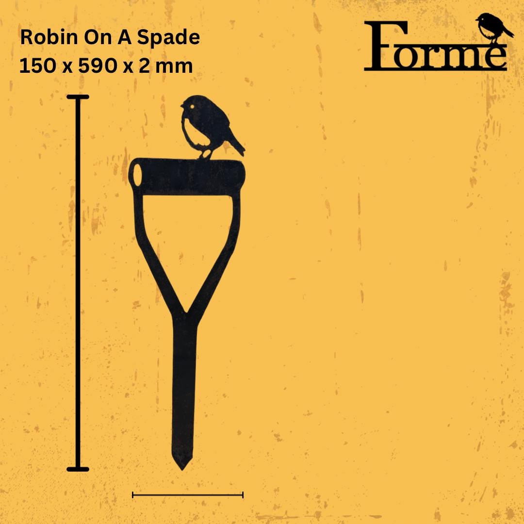 Robin on a spade dimensions on a yellow background