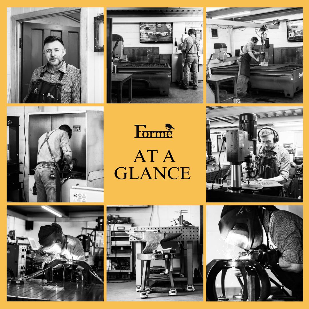 Collage of photos of Tim at work in the workshop, making various items and using different machines. With the Forme Logo in the middle and TEXT 'AT A GLANCE'