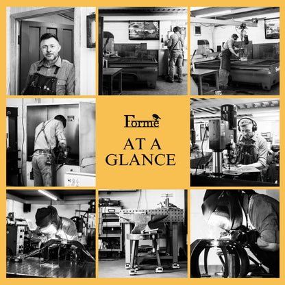 Collage of photos of Tim at work in the workshop, making various items and using different machines. With the Forme Logo in the middle and TEXT 'AT A GLANCE'