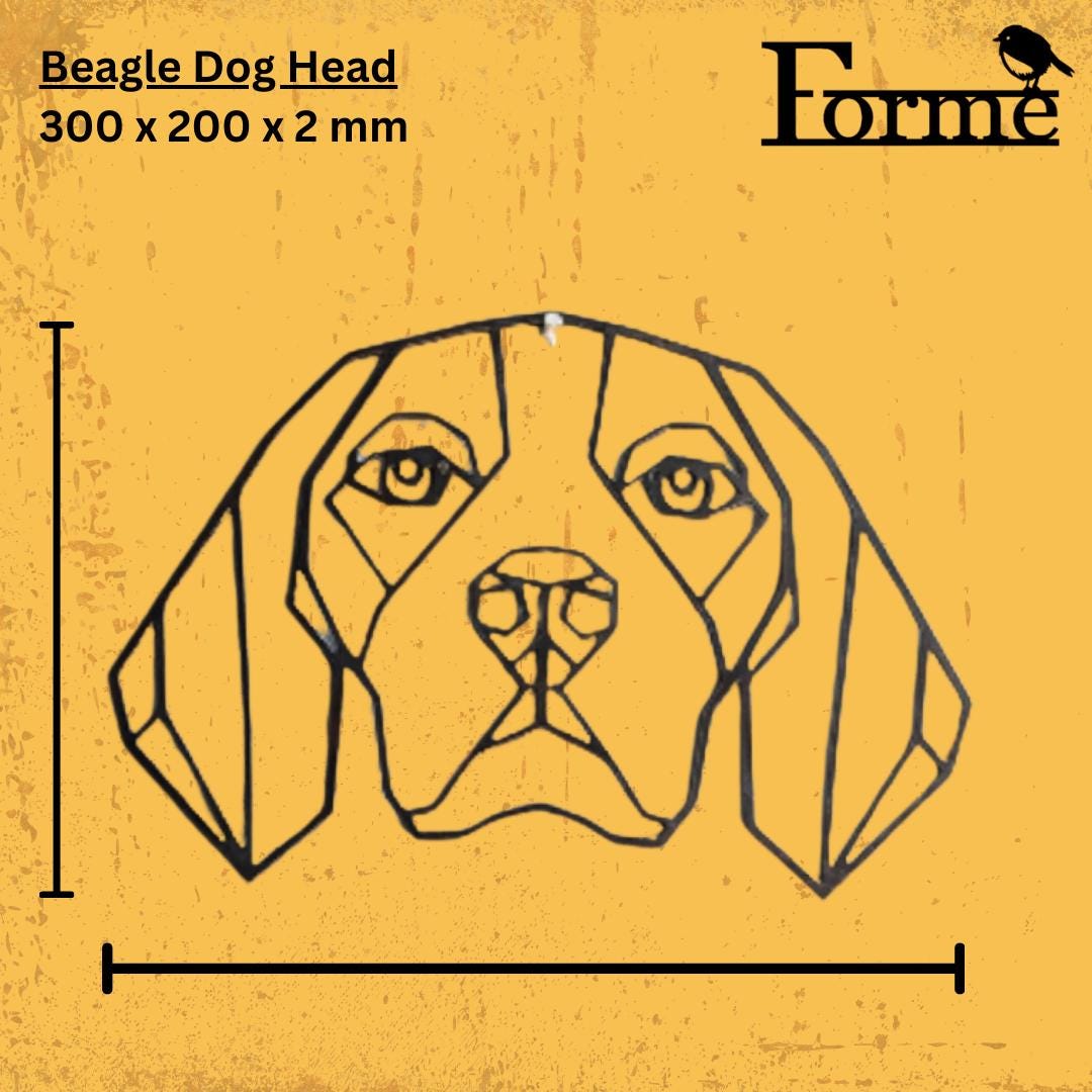 dimensions of metal geometric beagle head for home and garden decoration on yellow background