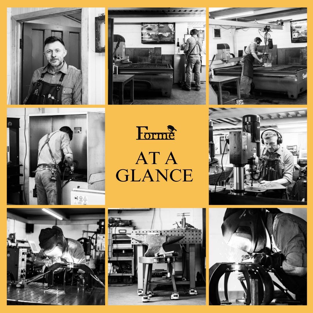 Collage of photos of Tim at work in the workshop, making various items and using different machines. With the Forme Logo in the middle and TEXT 'AT A GLANCE'